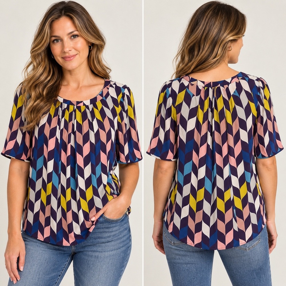 Boden Geometric Blouse Women 6 Multi Color Mod Retro Tie Back Viscose WA631